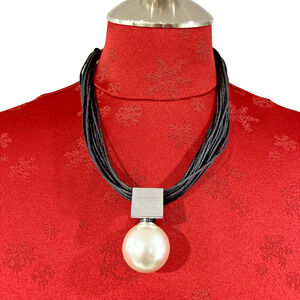 Multi Strand Black Leather Thong Necklace Choker w/ Massive Pearl Silver Pendant